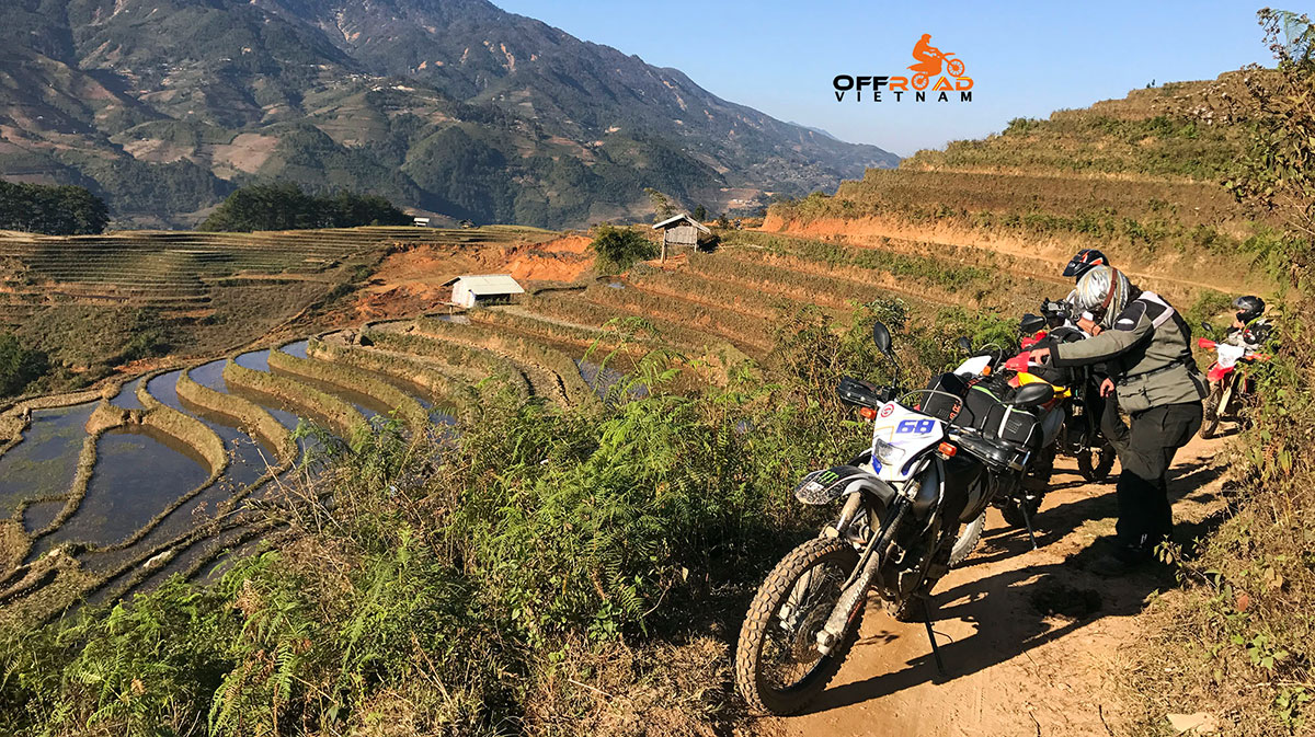 Vietnam Offroad Tours motorbike riding to Northwest Vietnam. Mu Cang Chai terraced rice fields.